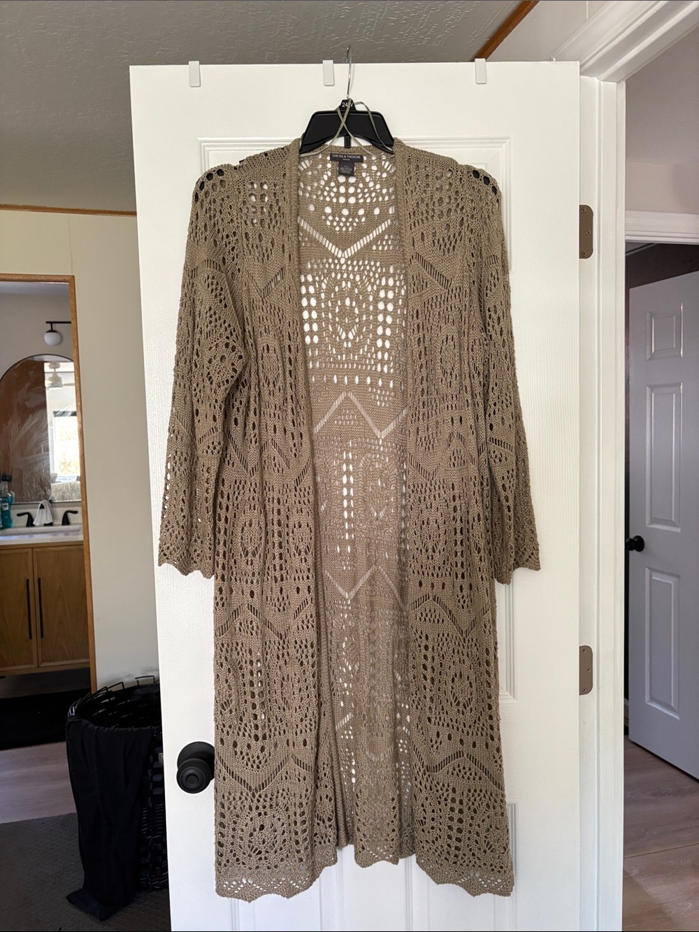 Chelsea & Theodore Openfront Crochet Duster Cardigan in Taupe
